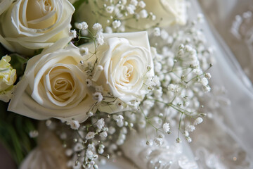 Elegant white rose bouquet with delicate baby's breath on a lace background.