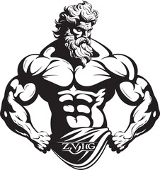 Olympus Muscle Forge Vector Logo Design with Olympian Deity Thunder God Fitness Zeus God Gyming Emblem Vector