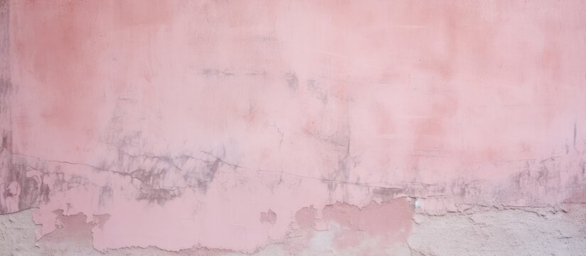 A close up of a magenta wall with peeling paint in a rectangular pattern, resembling cumulus clouds on a piece of peach paper
