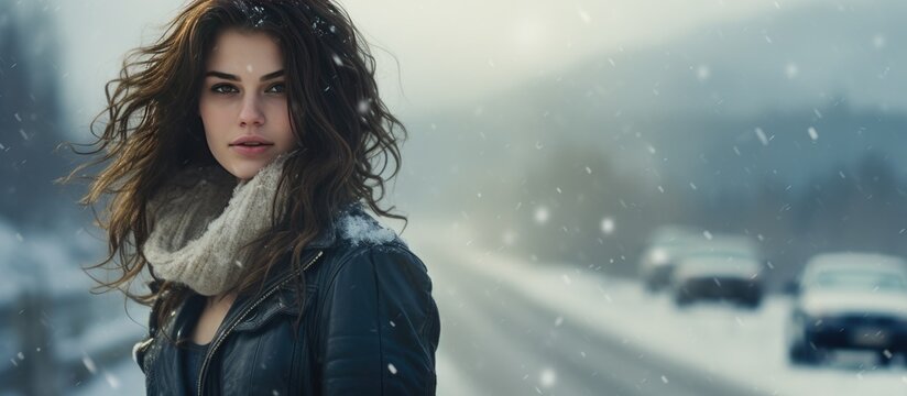 A young woman stands on a snow-covered road, her hair blowing in the wind as she gazes into the distance.