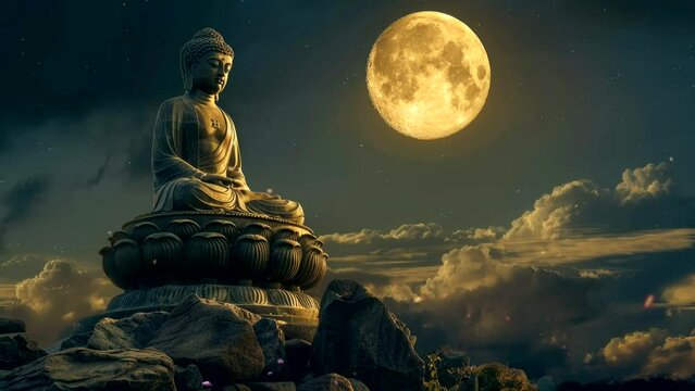 buddha statue in the night. Seamless looping time-lapse virtual 4k video animation background