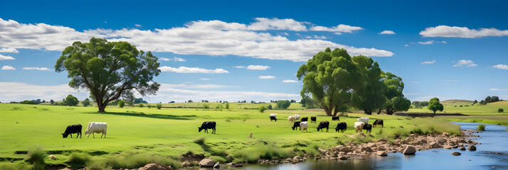 Idyllic Rural Scene of Cattle Grazing in a Green Pasture against a Blue Sky - obrazy, fototapety, plakaty