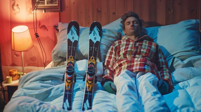 Person lying on a bed at night, man sleeping in ski suit and gloves next to his pair of skis, sportive guy who loves skiing, committed to his passion for sports, eager to go and hit the slopes