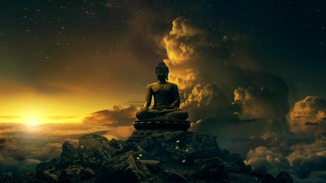 Enlightened Nights: Bhuda Statue Radiating Peace against a Beautiful Night Sky. Seamless looping time-lapse virtual 4k video animation background