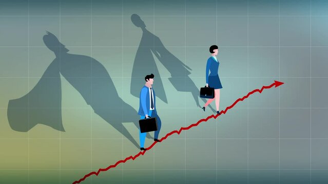 Cartoon business couple with superhero shadow chart diagram animation. Business metaphor of career success. Seamless character and chart loop.
