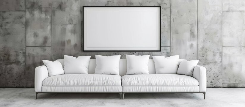 A modern living room with a white couch, wood picture frame on the rectangle wall, and grey flooring for comfort and interior design