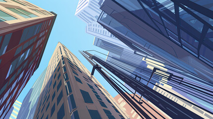 Fototapeta premium Upward view of stylized skyscrapers against a clear blue sky depicted in a vibrant modern abstract art style