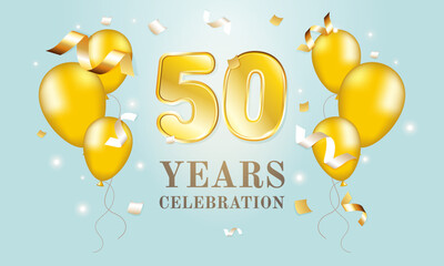 50th Anniversary Celebration. Golden numbers and balloons on a blue background. 