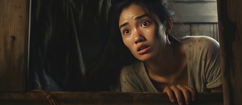 A worried Filipina adult female standing by a window, peering out with a surprised expression on her face. Her eyes wide open, brows furrowed, and mouth slightly agape, indicating shock or