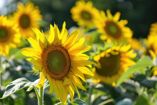 Closeup of bright yellow and green sunflowers in the field on a sunny day.