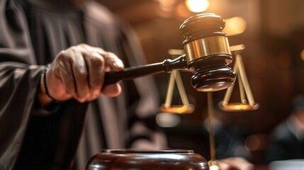 Judges hand holding a gavel above a sounding block ready to deliver a judgment