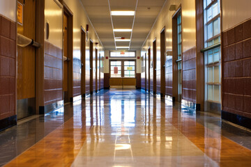 Empty school hallway with shiny tiled floors and windows.
