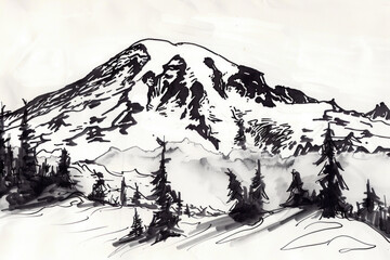  Ink drawing of Mount Rainier, depicting its snowy peak and surrounding evergreen trees.
