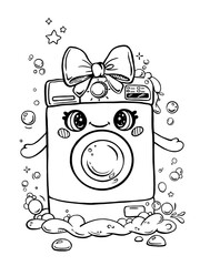Cute washing machine with soap suds and bubbles. Cartoon character coloring book. - obrazy, fototapety, plakaty