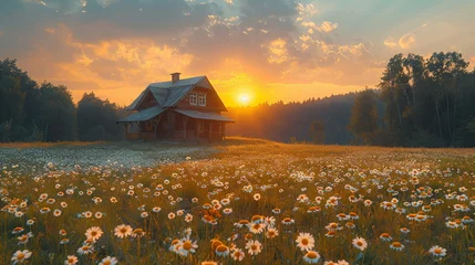 Wall murals Meadow, Swamp Large expanse meadow field with display in the distance a cozy cabin and yellow sunset skies with clouds