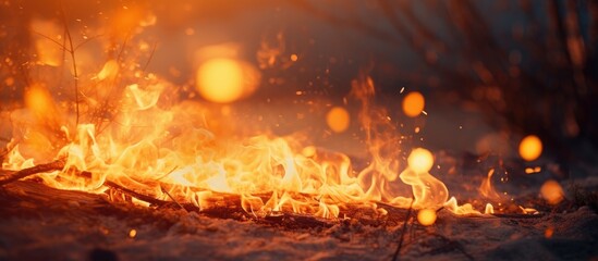 A raging fire burns uncontrollably in the center of a dense forest, engulfing trees and vegetation in its path. Smoke billows into the sky as flames consume everything in sight.