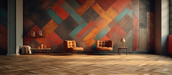 Inside the building, there are two wooden chairs in a room with colorful walls. The hardwood...