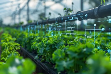 Smart Farming Technology indoor organic hydroponic fresh green vegetables produce in greenhouse garden nursery farm with visual icon. - obrazy, fototapety, plakaty