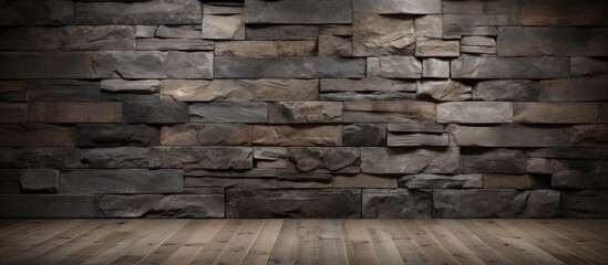 A weathered stone wall, featuring a gray grunge texture, contrasts with an old wooden floor in this...
