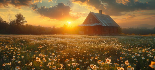 Large expanse meadow field with display in the distance a cozy cabin and yellow sunset skies with clouds