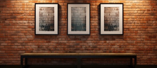A modern interior decoration featuring a bench placed in front of a new brick wall, creating a simplistic yet elegant design. The empty room showcases large frames on the wall.