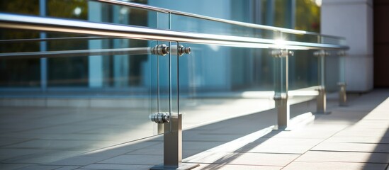 A close-up view of a metal railing on the side of a modern building, with selective focus on the...