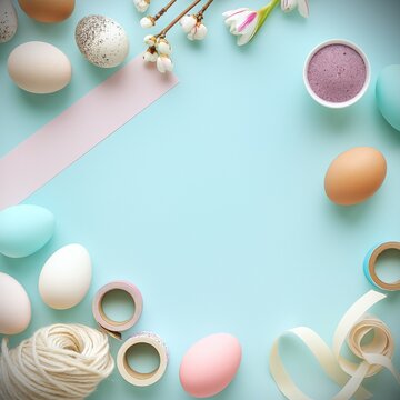 A monochromatic pastel background dominates the picture with enough space for your own text. On the edge are Easter decorations with flower motifs and eggs, creating a atmosphere of the spring holiday