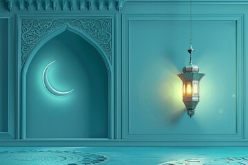 elegant turquoise islamic desktop wallpapers background with crescent moon and elegant lantern and light 