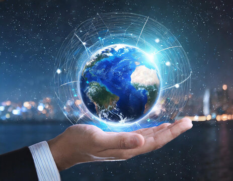 Hands holding globe world, businessman holds a digital globe, 3D earth graphic, world technology
