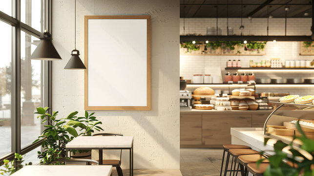 Mockup blank wall frame with bakery background