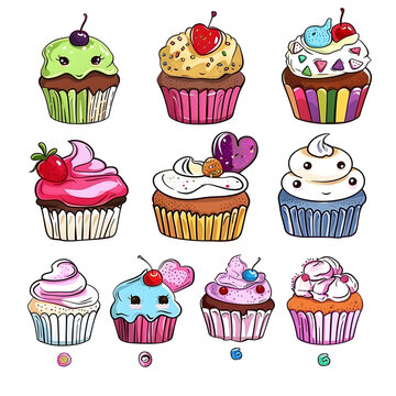 a group of cupcakes with faces cartoon illustrator