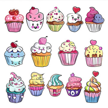 a group of cupcakes with faces cartoon illustrator