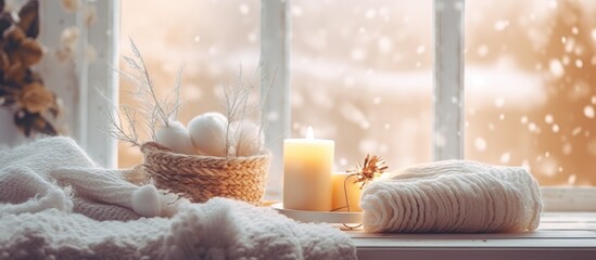 A winter-themed window sill adorned with a warm blanket and a burning candle, creating a cozy and inviting atmosphere. The scene evokes the spirit of Christmas holidays and home comfort.