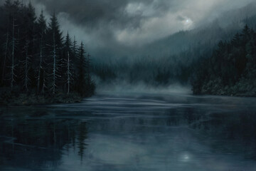 Misty Forest Lake at Night