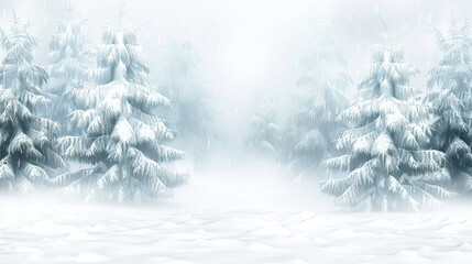 A serene winter landscape with snowcovered fir trees fading into a white misty background - obrazy, fototapety, plakaty