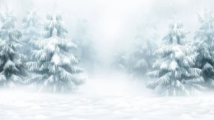 Tuinposter A serene winter landscape with snowcovered fir trees fading into a white misty background © woret