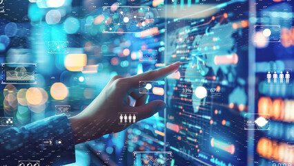 Digital infrastructure with analyzing holographic data streams. 5G and AI concept.