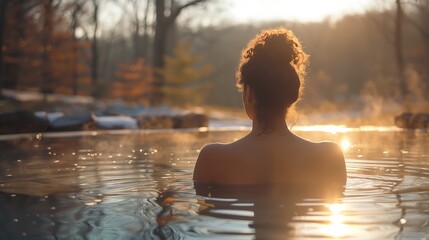 Woman Relaxing in a Natural Hot Spring at Sunset - obrazy, fototapety, plakaty