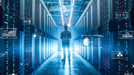 Digital infrastructure with analyzing holographic data streams. 5G and AI concept.