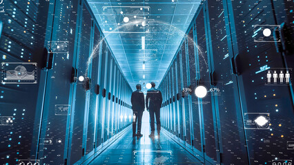 Digital infrastructure with analyzing holographic data streams. 5G and AI concept.