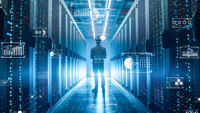 Digital infrastructure with analyzing holographic data streams. 5G and AI concept. - Powered by Adobe
