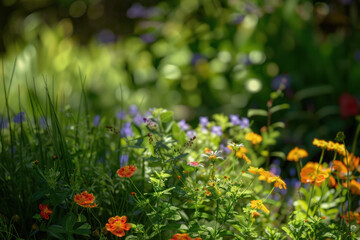 Sunlight dapples over vibrant wildflowers in a lush garden.