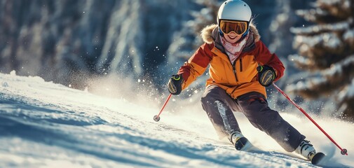 Young teenage girl skiing with happy, smiling face, having fun on the mountain slopes, enjoying her ski break, thrilled to ski at full speed and feeling free, fantastic stay on winter sports resort - obrazy, fototapety, plakaty
