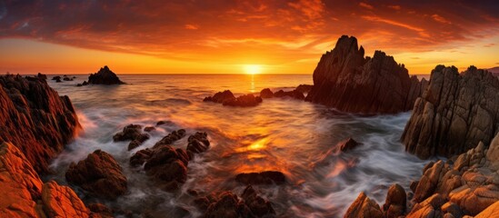 A beautiful sunset painting the sky with vibrant colors over a rocky beach. Waves crash against the rocks, creating a stunning natural landscape - obrazy, fototapety, plakaty