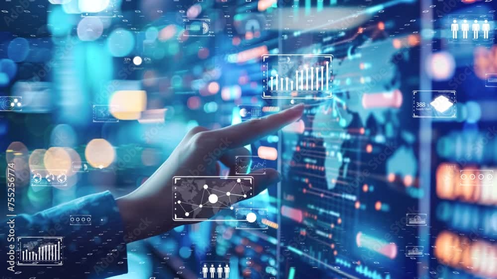 Wall mural digital infrastructure with analyzing holographic data streams. 5g and ai concept.