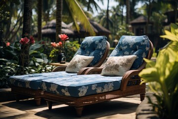 Two elegant blue and white patterned chaise lounges are gracefully positioned next to the glistening pool, evoking a sense of relaxation and luxury in a tropical paradise.
