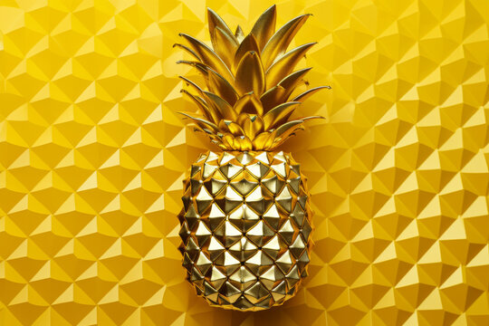 a gold pineapple is placed on a yellow background,