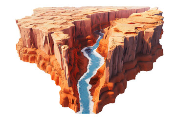 An isolated illustration portraying a 3D representation of a serene canyon, featuring a smoothly flowing river.





