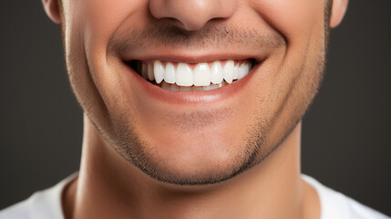 genuine smile of a person with impeccable dental health, focusing on their healthy white teeth against a clean background. 