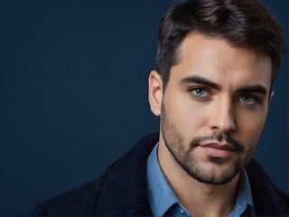 Fototapeta premium Portrait of handsome smiling man with expressive eyes, looking at camera